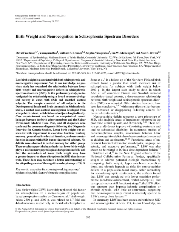 (PDF) Birth Weight and Neurocognition in Schizophrenia Spectrum Disorders Alan Brown
