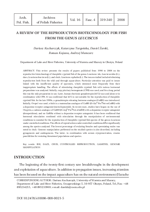 (PDF) A REVIEW OF THE REPRODUCTION BIOTECHNOLOGY FOR FISH FROM THE ...