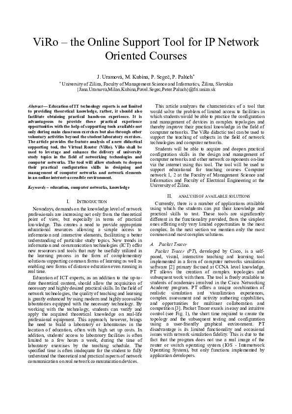 (PDF) ViRo The online support tool for IP network oriented courses Milan Kubina and Pavel