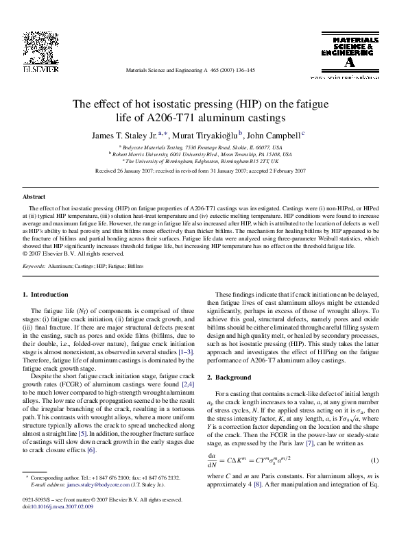 (PDF) The effect of hot isostatic pressing (HIP) on the fatigue life of ...