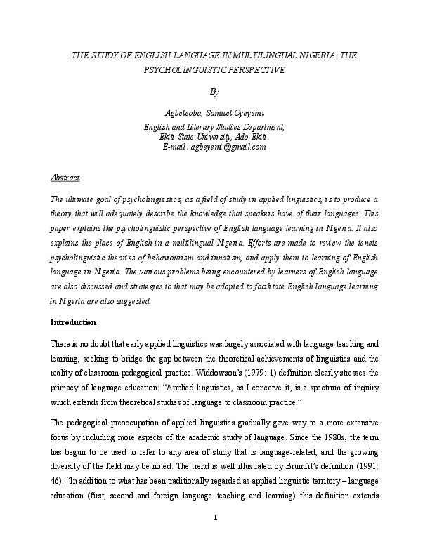 (DOC) THE STUDY OF ENGLISH LANGUAGE IN MULTILINGUAL NIGERIA: THE ...