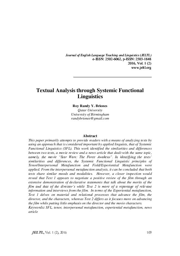 (PDF) Textual Analysis through Systemic Functional Linguistics