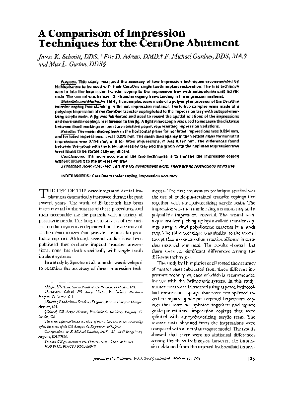 (PDF) A Comparison of Impression Techniques for the CeraOne Abutment