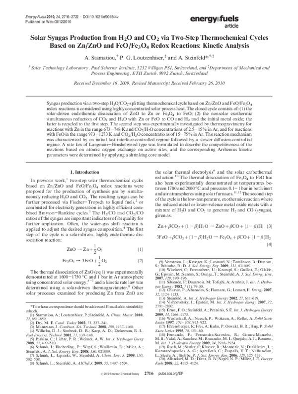 (PDF) Solar Syngas Production from H 2 O and CO 2 via Two-Step ...
