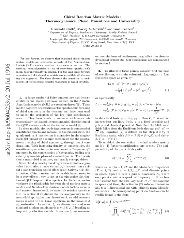 (PDF) Chiral random matrix models: thermodynamics, phase transitions ...