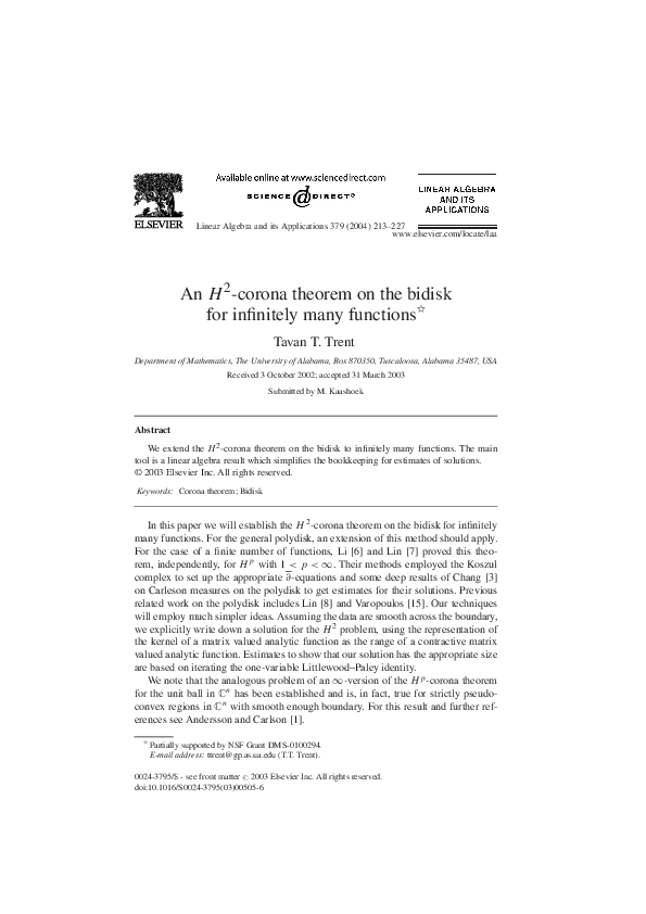 (PDF) An H2-corona theorem on the bidisk for infinitely many functions