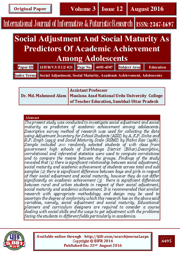 (PDF) Social Adjustment And Social Maturity As Predictors Of Academic ...