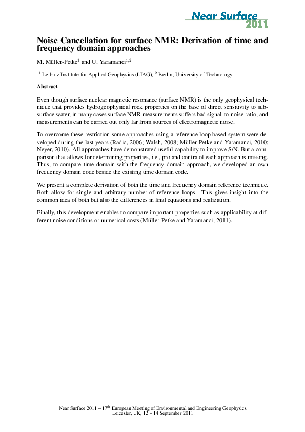 (PDF) Noise Cancellation for Surface NMR - Application of Time and ...