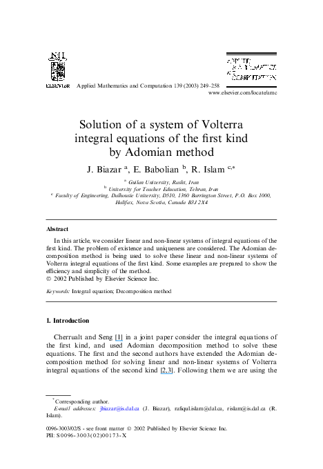 (PDF) Solution of a system of Volterra integral equations of the first ...