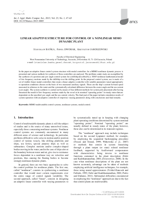 (PDF) Linear adaptive structure for control of a nonlinear MIMO dynamic ...