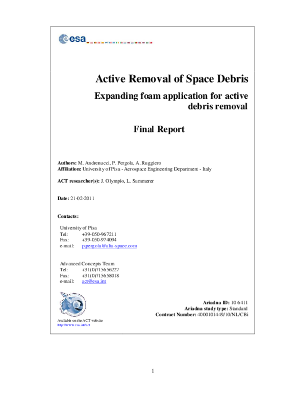 (PDF) Active Removal of Space Debris - Expanding foam application for ...