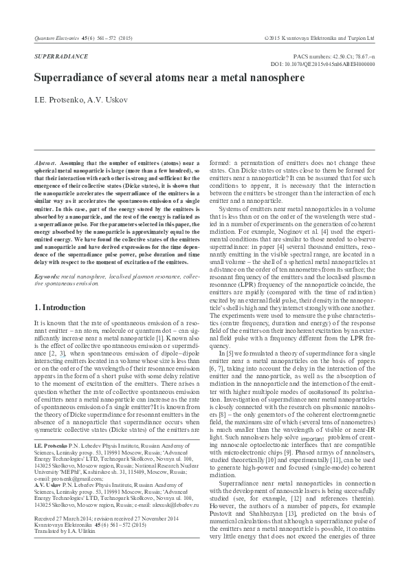 (PDF) Superradiance of several atoms near a metal nanosphere