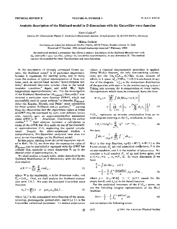 Analytic description of the Hubbard model in D dimensions with the ...