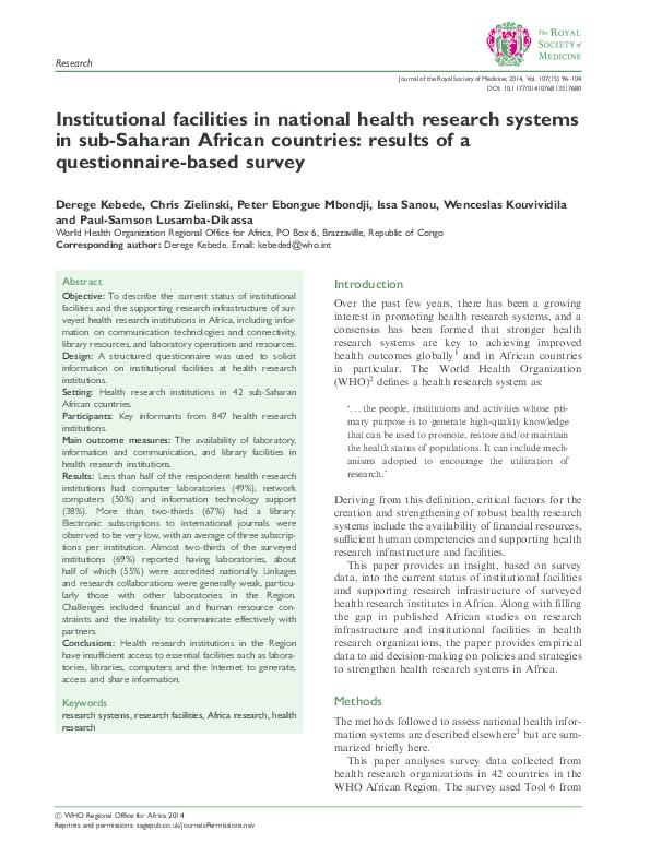 (PDF) Institutional facilities in national health research systems in ...