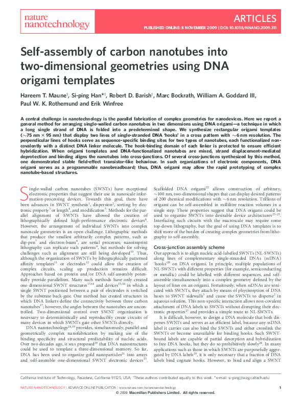 (PDF) Self-assembly of carbon nanotubes into two-dimensional geometries ...