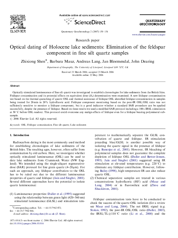 (PDF) Optical dating of Holocene lake sediments: Elimination of the ...