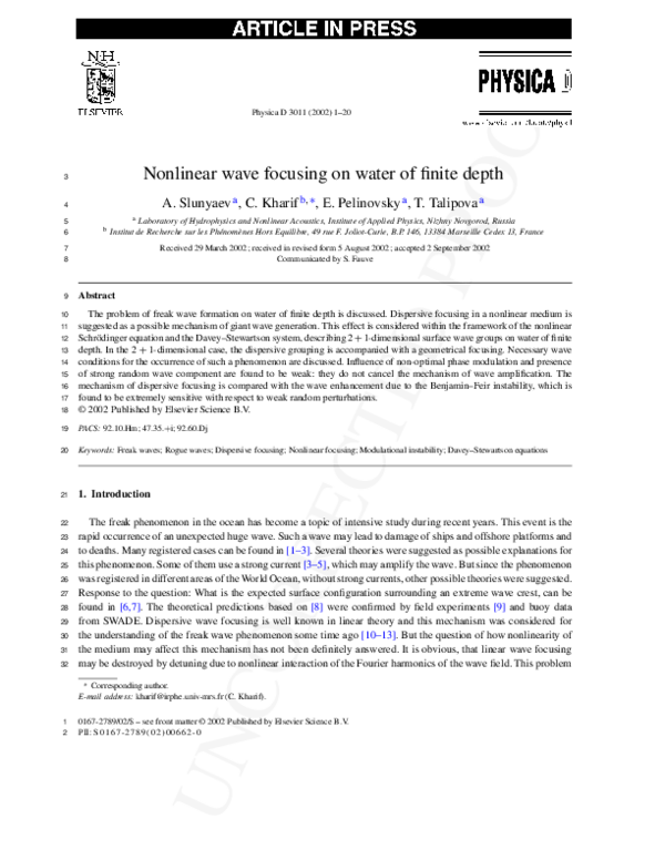(PDF) Nonlinear wave focusing on water of finite depth