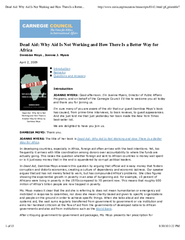 (PDF) Dead aid Why aid is not working and how there is a better way