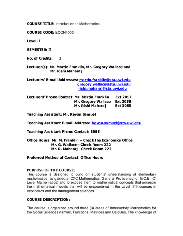 (PDF) COURSE TITLE: Introduction to Mathematics