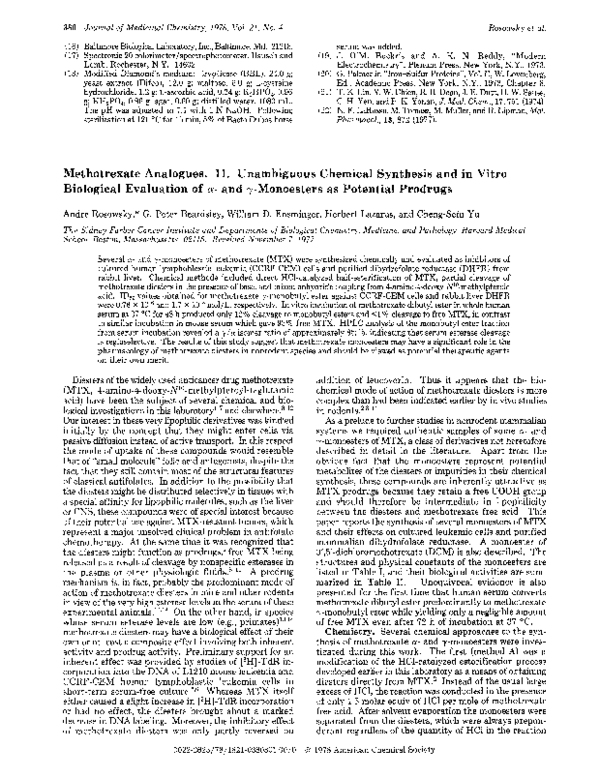 Pdf Methotrexate Analogs 11 Unambiguous Chemical Synthesis And In Vitro Biological Evaluation Of Alpha And Gamma Monoesters As Potential Prodrugs William Ensminger Academia Edu