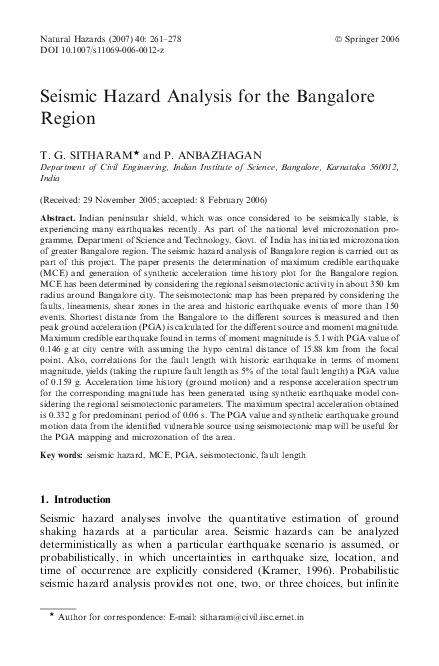 (PDF) Seismic Hazard Analysis for the Bangalore Region