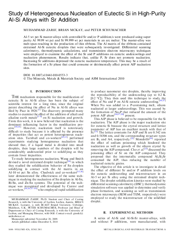 (PDF) Study of Heterogeneous Nucleation of Eutectic Si in High-Purity ...