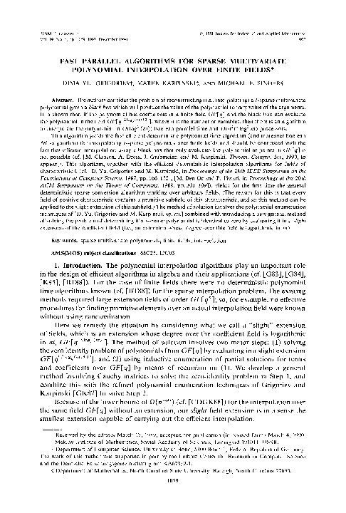 (PDF) Fast Parallel Algorithms for Sparse Multivariate Polynomial ...