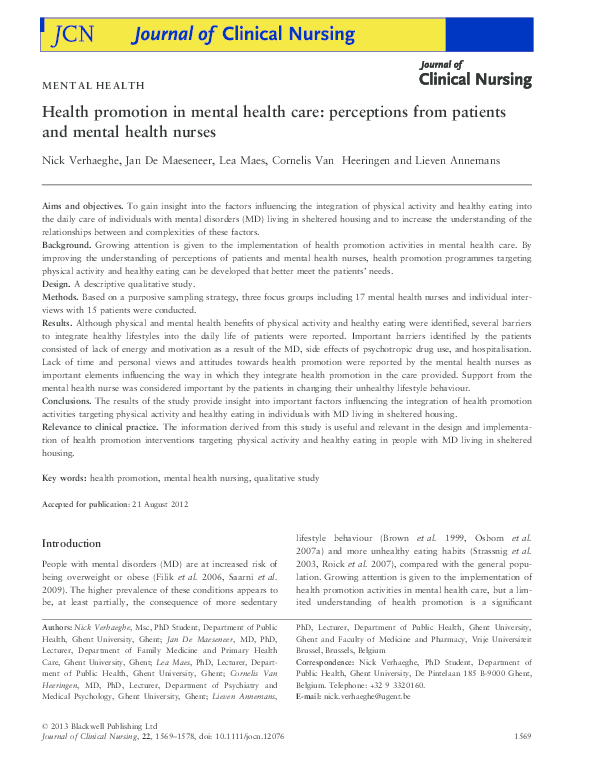 (PDF) Health promotion in mental health care: perceptions from patients ...