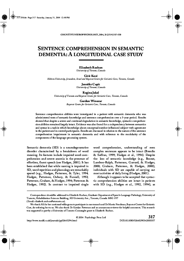 (PDF) Sentence comprehension in semantic dementia: a longitudinal case ...