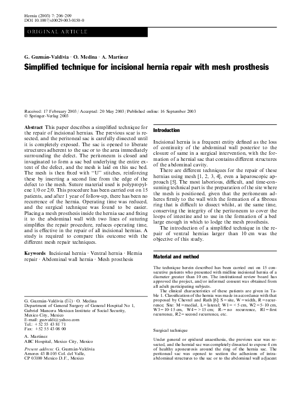 Pdf Simplified Technique For Incisional Hernia Repair With Mesh Prosthesis Oscar Medina Academia Edu