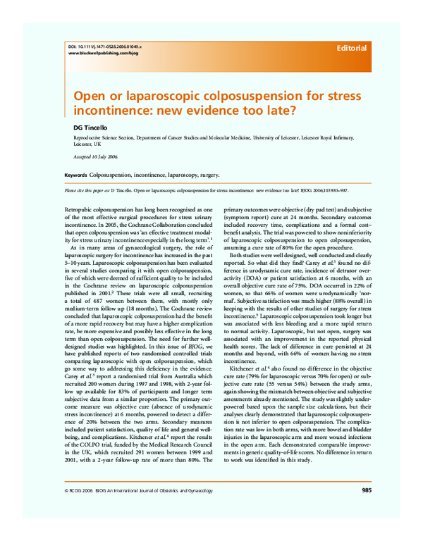 (PDF) Open or laparoscopic colposuspension for stress incontinence: new ...