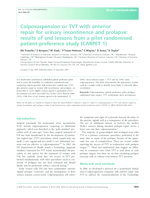 (PDF) Colposuspension or TVT with anterior repair for urinary ...