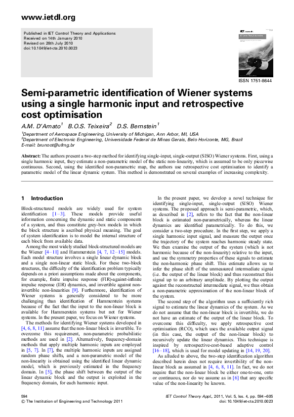 (PDF) Semiparametric identification of Wiener systems using a single ...