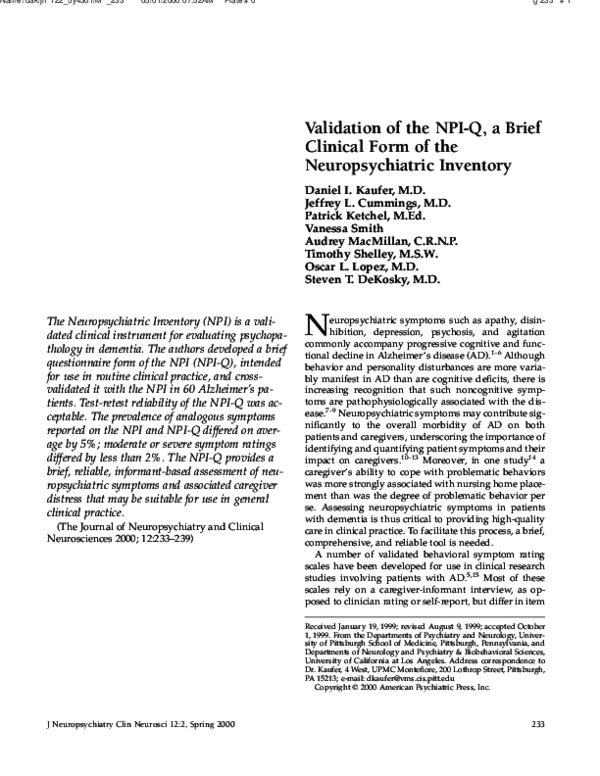 (PDF) Validation of the NPI-Q, a Brief Clinical Form of the ...