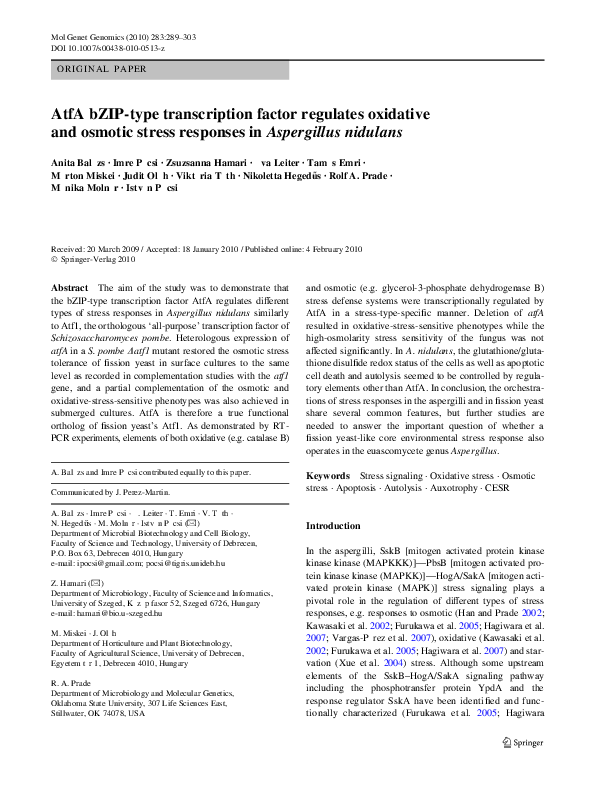 (PDF) AtfA bZIP-type transcription factor regulates oxidative and ...