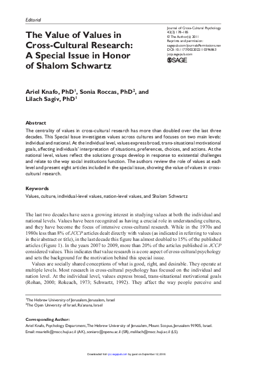 (PDF) The Value of Values in Cross-Cultural Research: A Special Issue ...