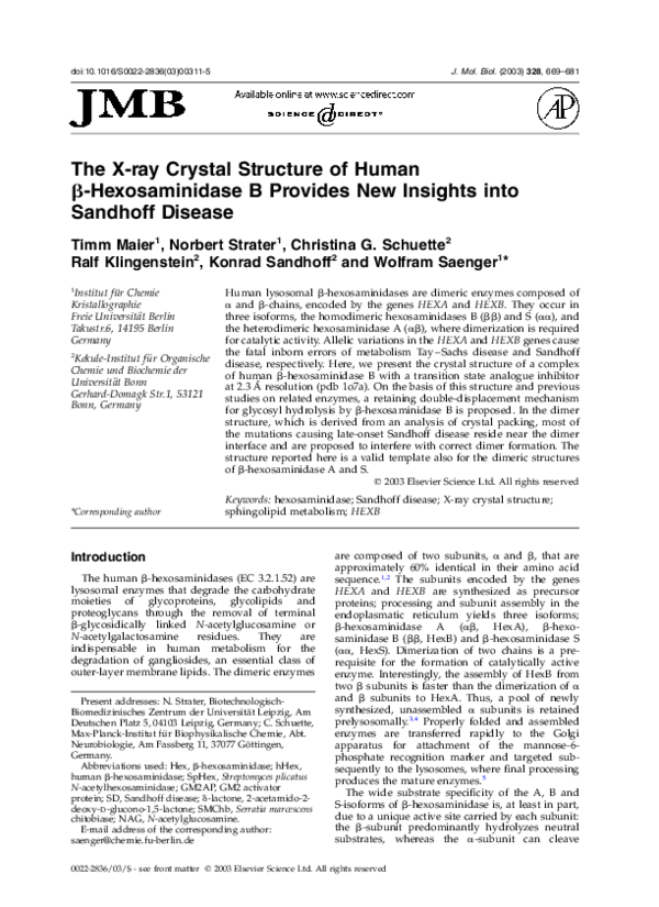 (PDF) The X-ray Crystal Structure of Human β-Hexosaminidase B Provides ...