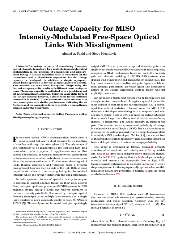 (PDF) Outage Capacity for MISO Intensity-Modulated Free-Space Optical ...