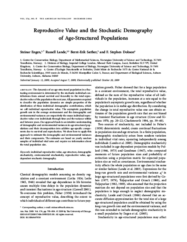 (PDF) Reproductive Value and the Stochastic Demography of Age ...