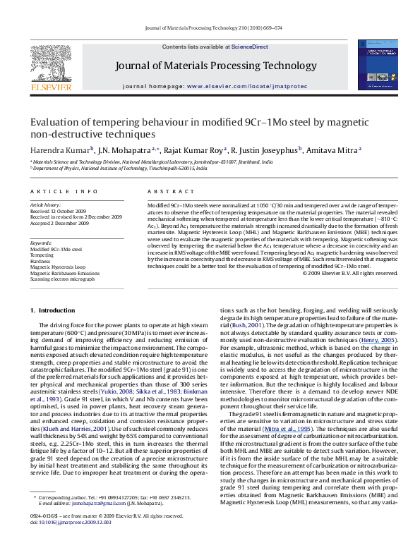 (PDF) Evaluation of tempering behaviour in modified 9Cr–1Mo steel by ...