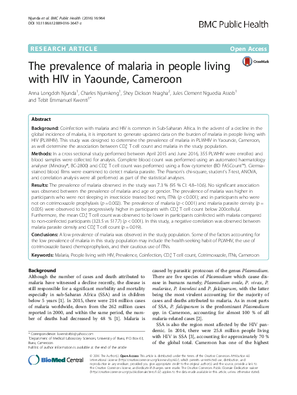 (PDF) The prevalence of malaria in people living with HIV in Yaounde ...