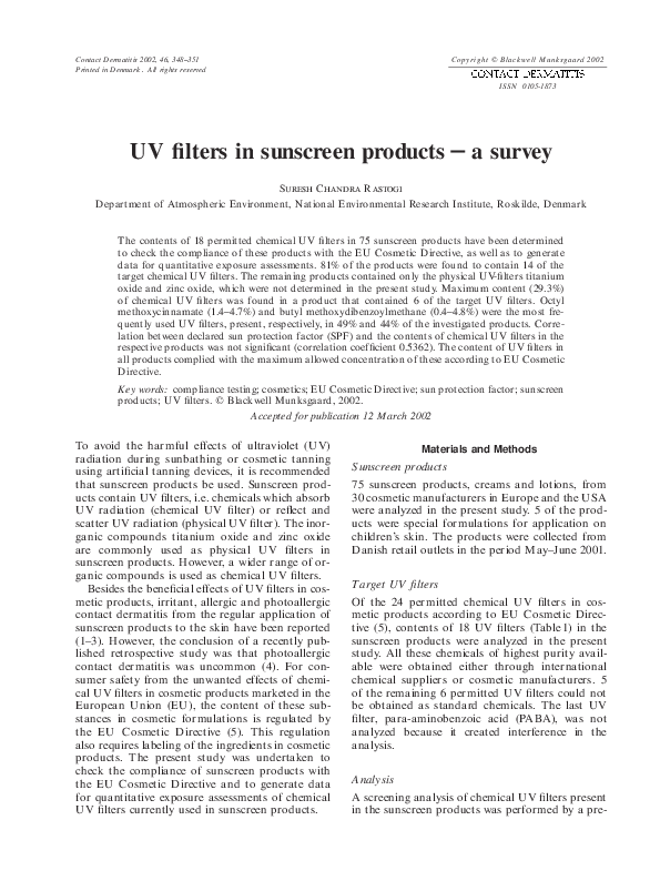 (PDF) UV filters in sunscreen products - a survey