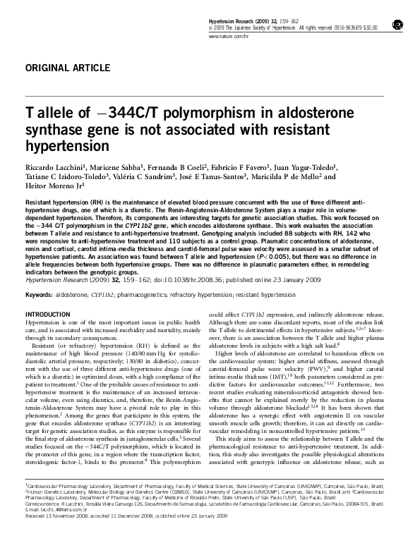 (PDF) T allele of −344C/T polymorphism in aldosterone synthase gene is ...