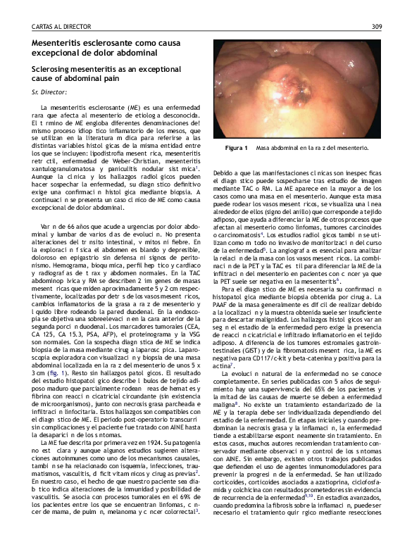 (PDF) Mesenteritis esclerosante como causa excepcional de dolor