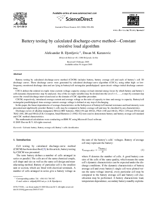 (PDF) Battery testing by calculated dischargecurve method—Constant