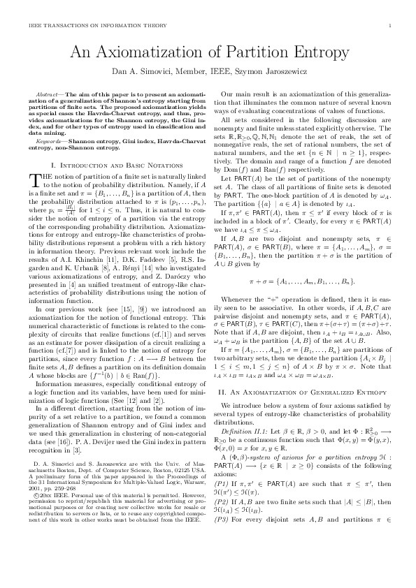 (PDF) An axiomatization of partition entropy