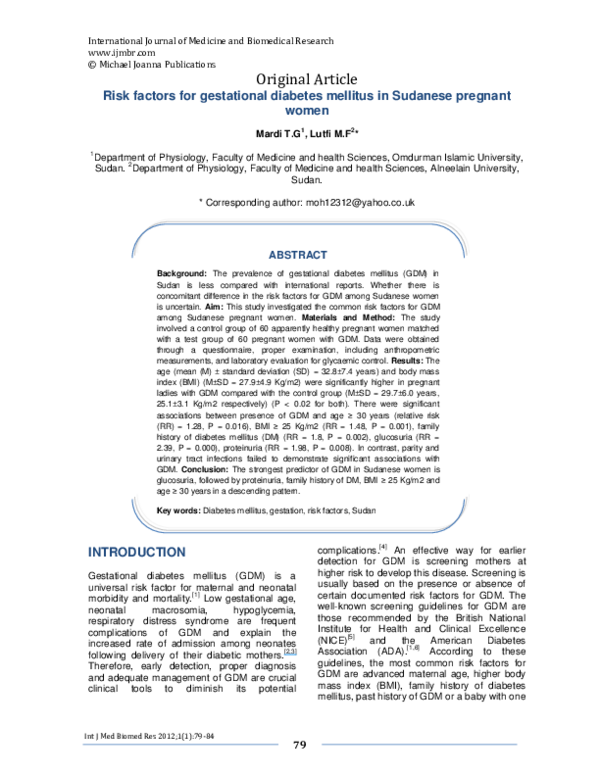 (PDF) Risk factors for gestational diabetes mellitus in Sudanese ...
