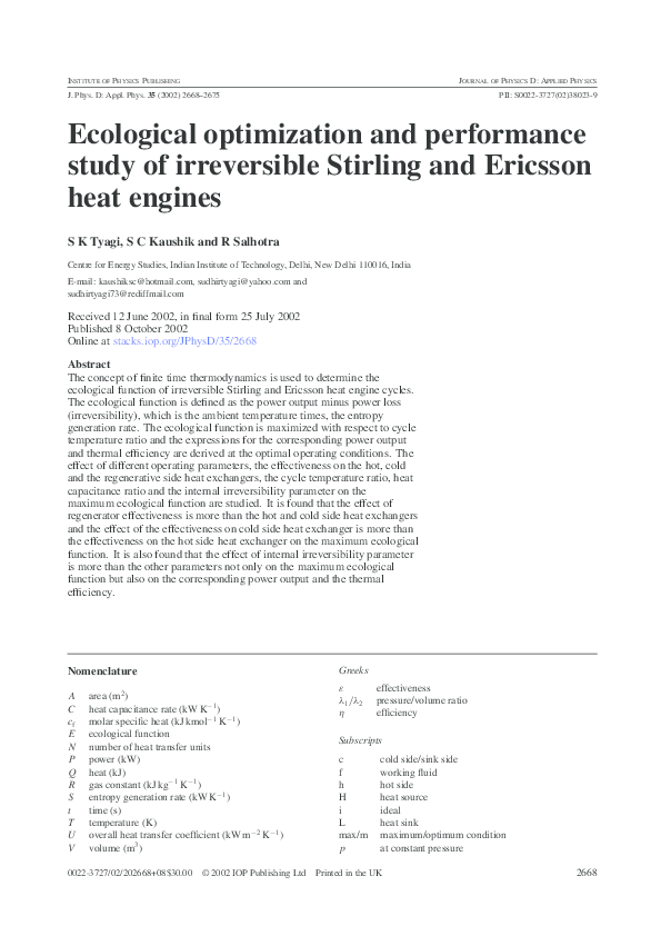 (PDF) Ecological optimization and performance study of irreversible ...