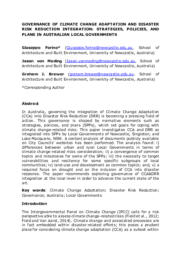 (PDF) Governance of climate change adaptation and disaster risk ...