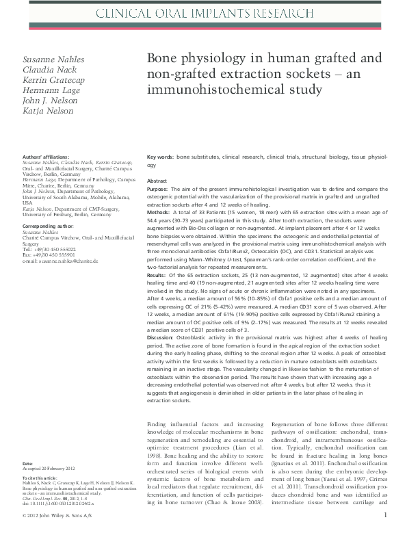 (PDF) Bone physiology in human grafted and non-grafted extraction ...